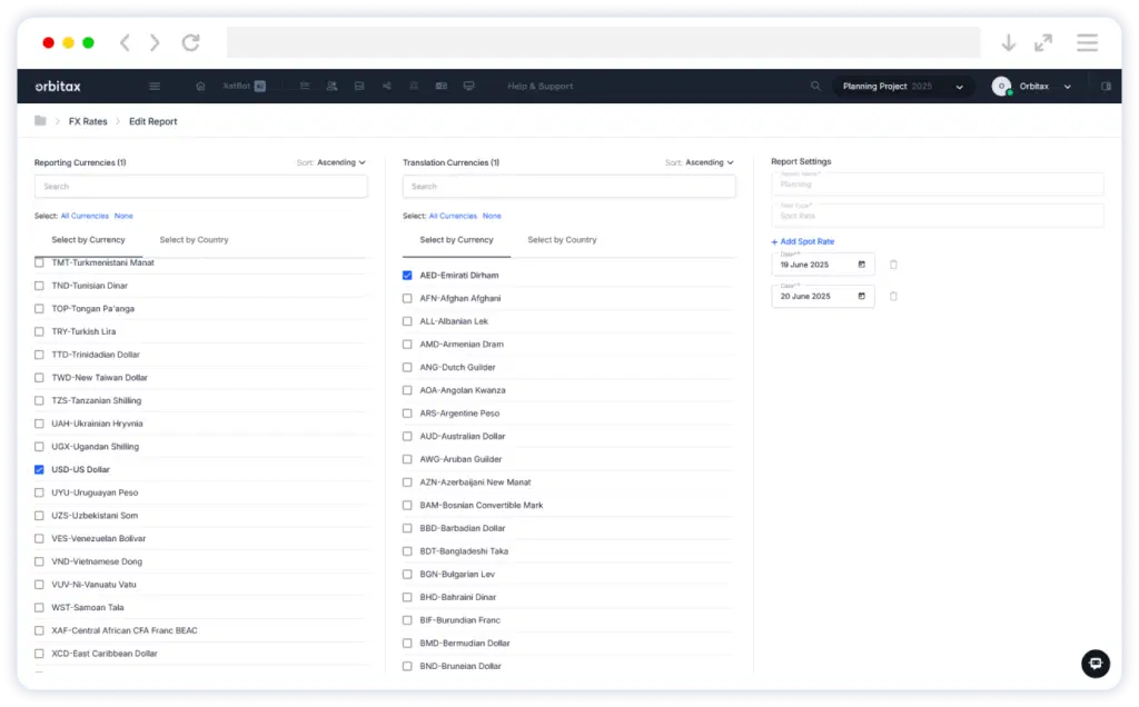 Orbitax FX rates and reporting workspace